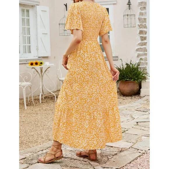 Women's Yellow Summer Casual Floral Print Short Flutter Sleeve Flowy Maxi Dress